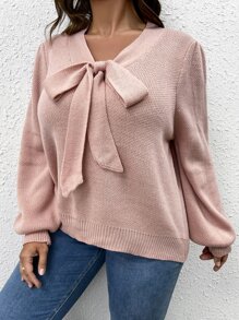 SHEIN LUNE Plus Tie Neck Lantern Sleeve Jumper - Coral Pink - View 6