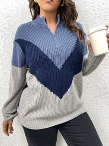 SHEIN LUNE 加大码撞色半拉链针织套头衫，秋冬款 - 彩色 - 查看 6