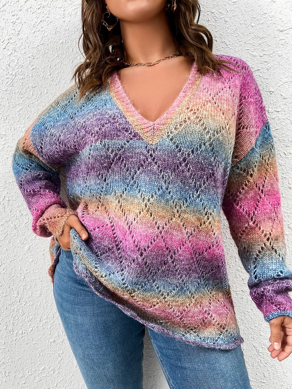 Plus Ombre Drop Shoulder Sweater Knit Pullover Fall Winter Autumn