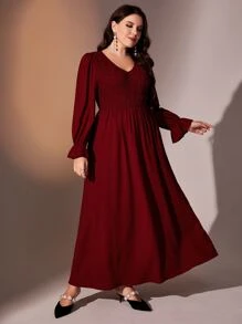 Modelyn Burgundy Red Plus Flounce Sleeve V Neck Shirred Bodice Dress - Burgundy - View 4