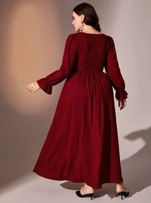 Modelyn Burgundy Red Plus Flounce Sleeve V Neck Shirred Bodice Dress - Burgundy - View 2