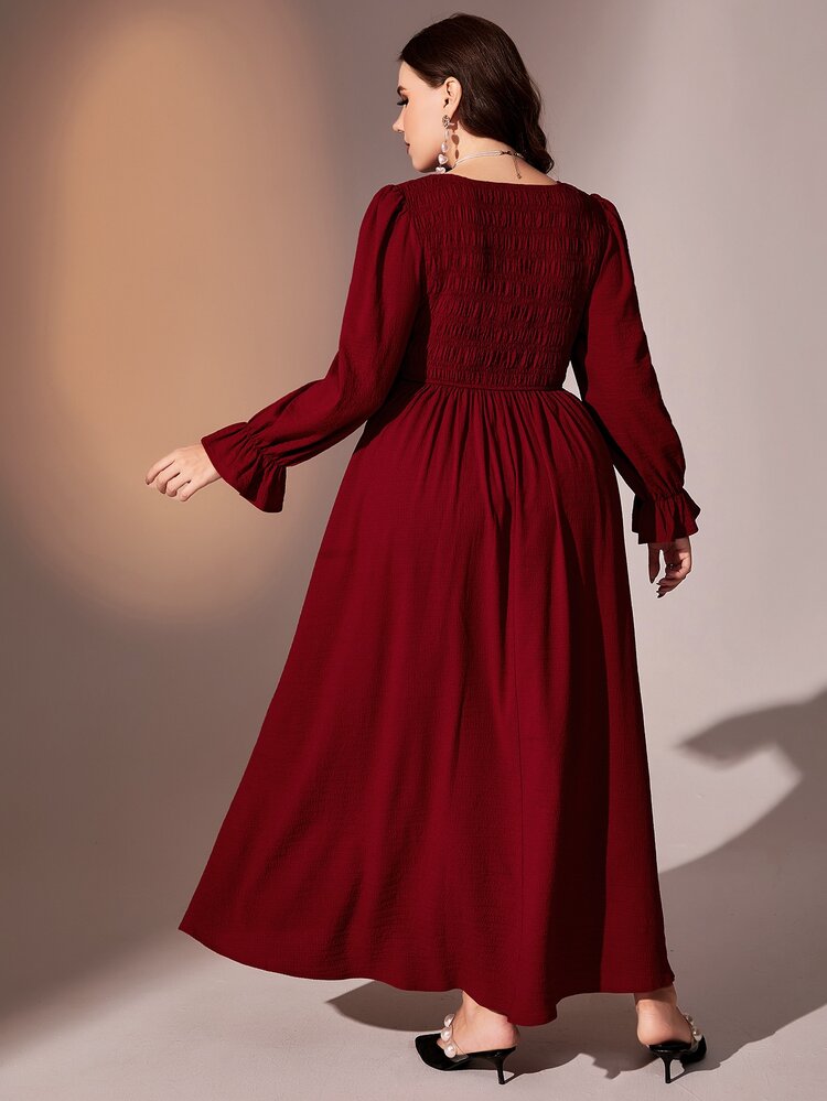 Modelyn 勃艮第红色加大荷叶边袖 V 领褶皱紧身连衣裙 - 酒紅色 - 查看 2