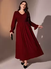 Modelyn Burgundy Red Plus Flounce Sleeve V Neck Shirred Bodice Dress - Burgundy - View 1