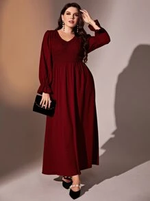 Modelyn Burgundy Red Plus Flounce Sleeve V Neck Shirred Bodice Dress - Burgundy - View 5