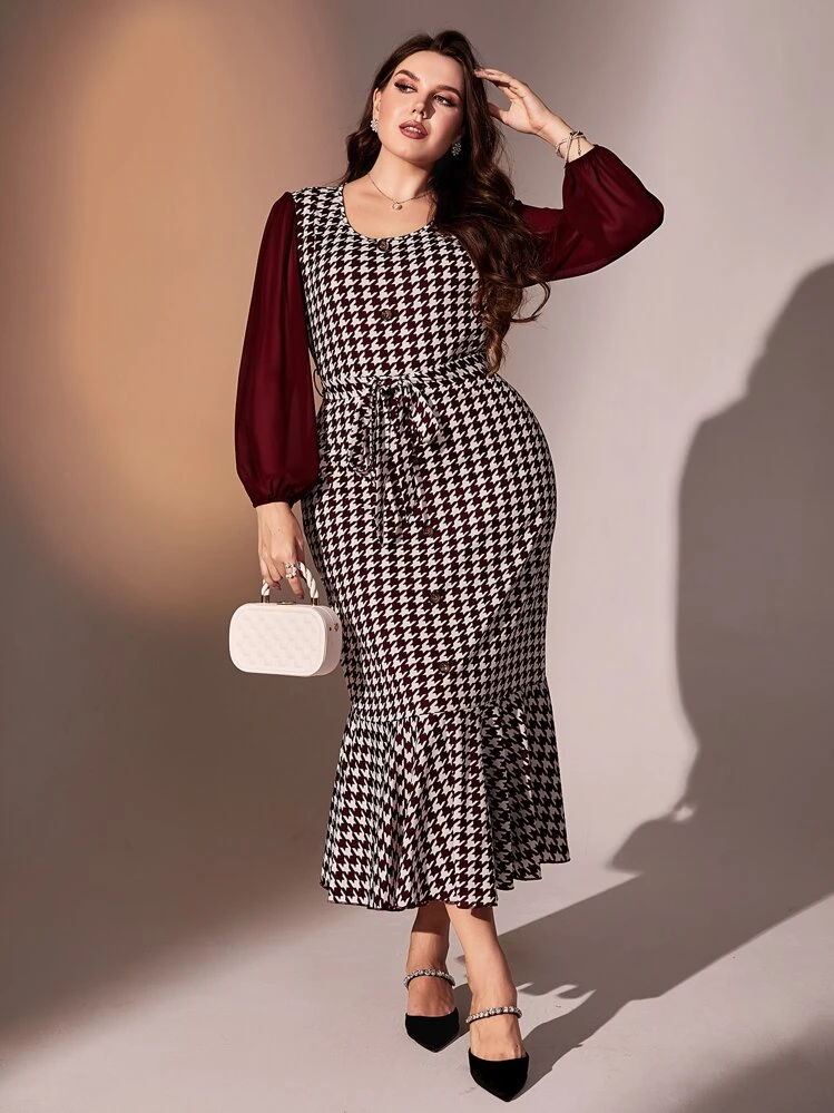 Modelyn Burgundy Red Plus Houndstooth Print Lantern Sleeve Mermaid