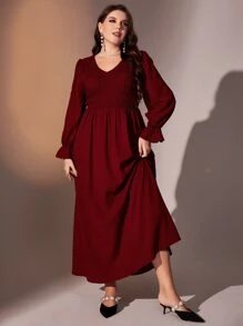 Modelyn Burgundy Red Plus Flounce Sleeve V Neck Shirred Bodice Dress - Burgundy - View 6