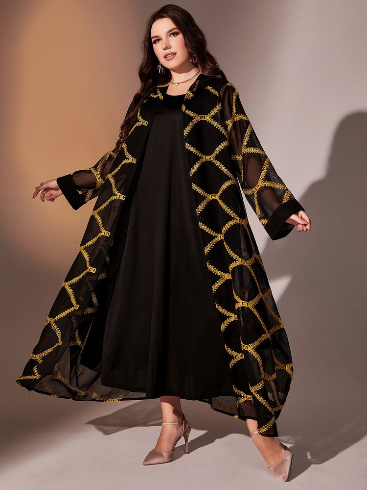 Modelyn Plus Embroidery Hooded Sheer Coat & Tunic Dress Kaftan Jalabiya Dress - Black - View 2