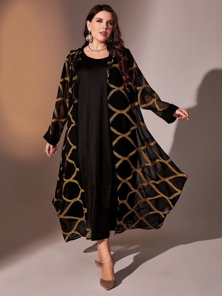Modelyn Plus Embroidery Hooded Sheer Coat & Tunic Dress Kaftan Jalabiya Dress - Black - View 3