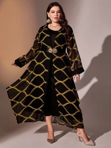 Modelyn Plus Embroidery Hooded Sheer Coat & Tunic Dress Kaftan Jalabiya Dress - Black - View 4