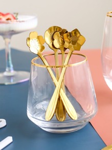 6pcs Random Stainless Steel Flower Spoon, Gold Creative Flower Stirring Spoon For Coffee Dessert,Kitchen,Christmas Gift
