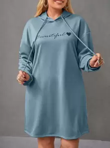 SHEIN LUNE Plus Letter & Heart Print Drop Shoulder Drawstring Hoodie Dress - Blue - View 1