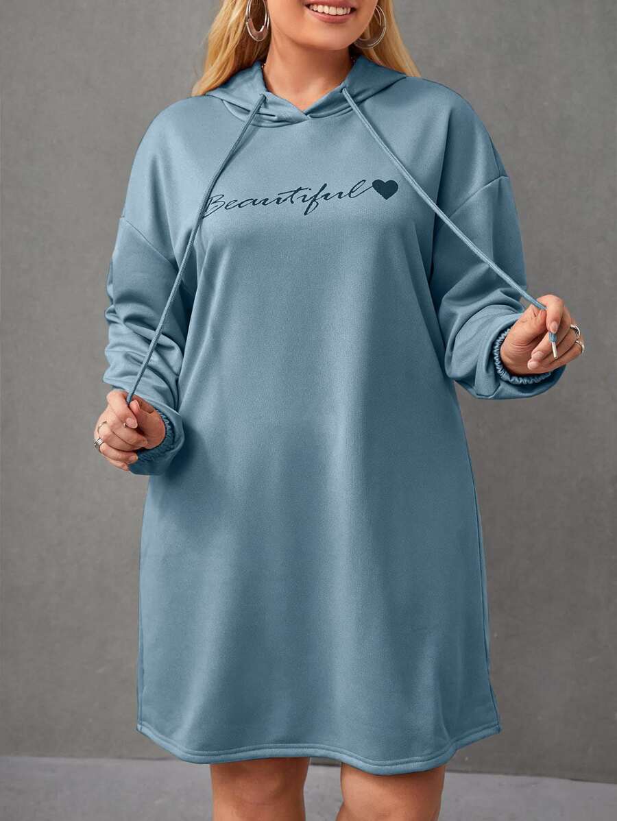 SHEIN LUNE Plus Letter & Heart Print Drop Shoulder Drawstring Hoodie Dress - Blue - View 1