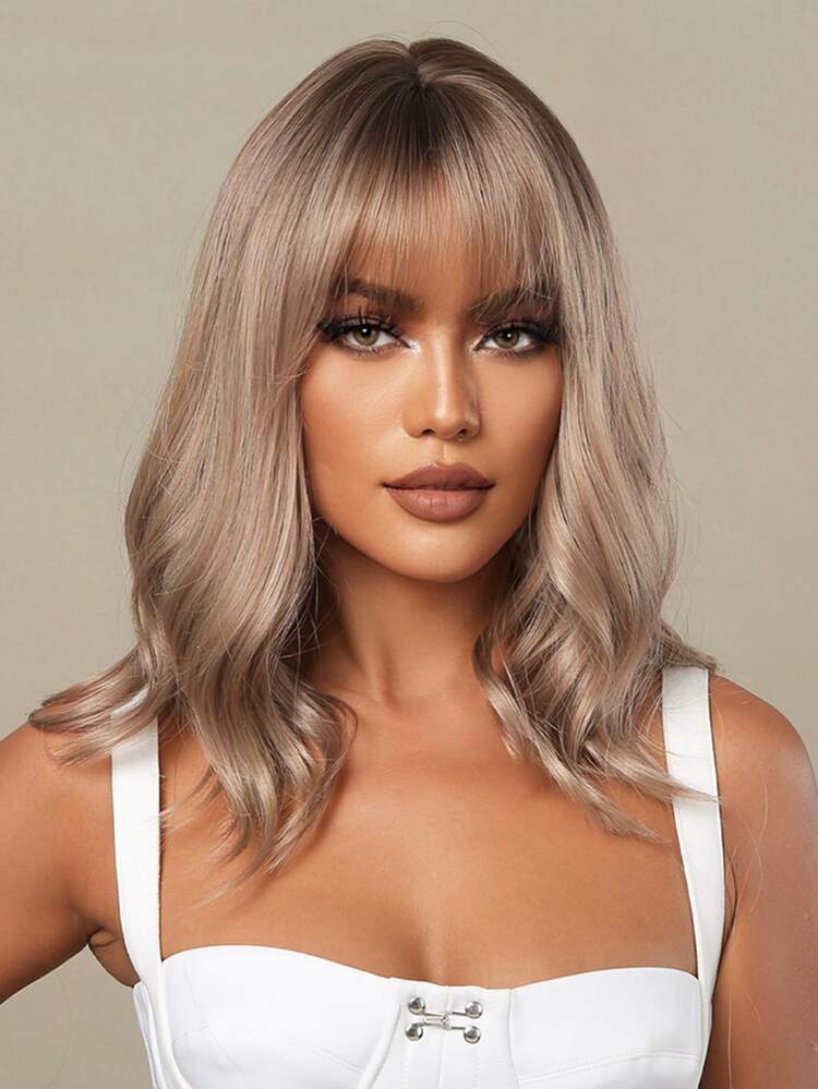 HAIRCUBE 16 Inch Long Rose Gold Wigs Hair Wavy Curly Wig with Bangs ,Natural Looking Charming Stylish Synthetic Wigs - Multicolor - View 3