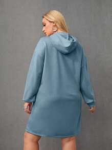 SHEIN LUNE Plus Letter & Heart Print Drop Shoulder Drawstring Hoodie Dress - Blue - View 2
