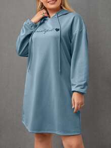 SHEIN LUNE Plus Letter & Heart Print Drop Shoulder Drawstring Hoodie Dress - Blue - View 3