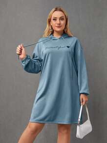 SHEIN LUNE Plus Letter & Heart Print Drop Shoulder Drawstring Hoodie Dress - Blue - View 5