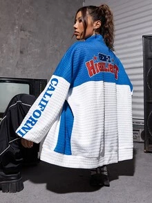 SHEIN Coolane Letter Graphic Two Tone Drop Shoulder Jacket - Blue and White - View 4