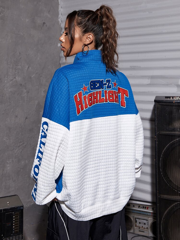 SHEIN Coolane Letter Graphic Two Tone Drop Shoulder Jacket - Blue and White - View 2