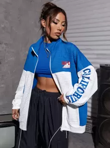 SHEIN Coolane Letter Graphic Two Tone Drop Shoulder Jacket - Blue and White - View 1