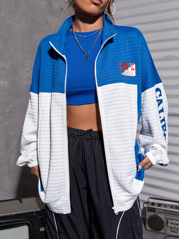 SHEIN Coolane Letter Graphic Two Tone Drop Shoulder Jacket - Blue and White - View 3