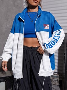 SHEIN Coolane Letter Graphic Two Tone Drop Shoulder Jacket - Blue and White - View 7