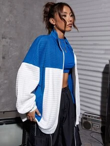 SHEIN Coolane Letter Graphic Two Tone Drop Shoulder Jacket - Blue and White - View 8