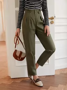 SHEIN Frenchy Quần nữ Nút Dây kéo Quần paper-bag màu trơn Thanh lịch - xanh quân đội - Xem 1