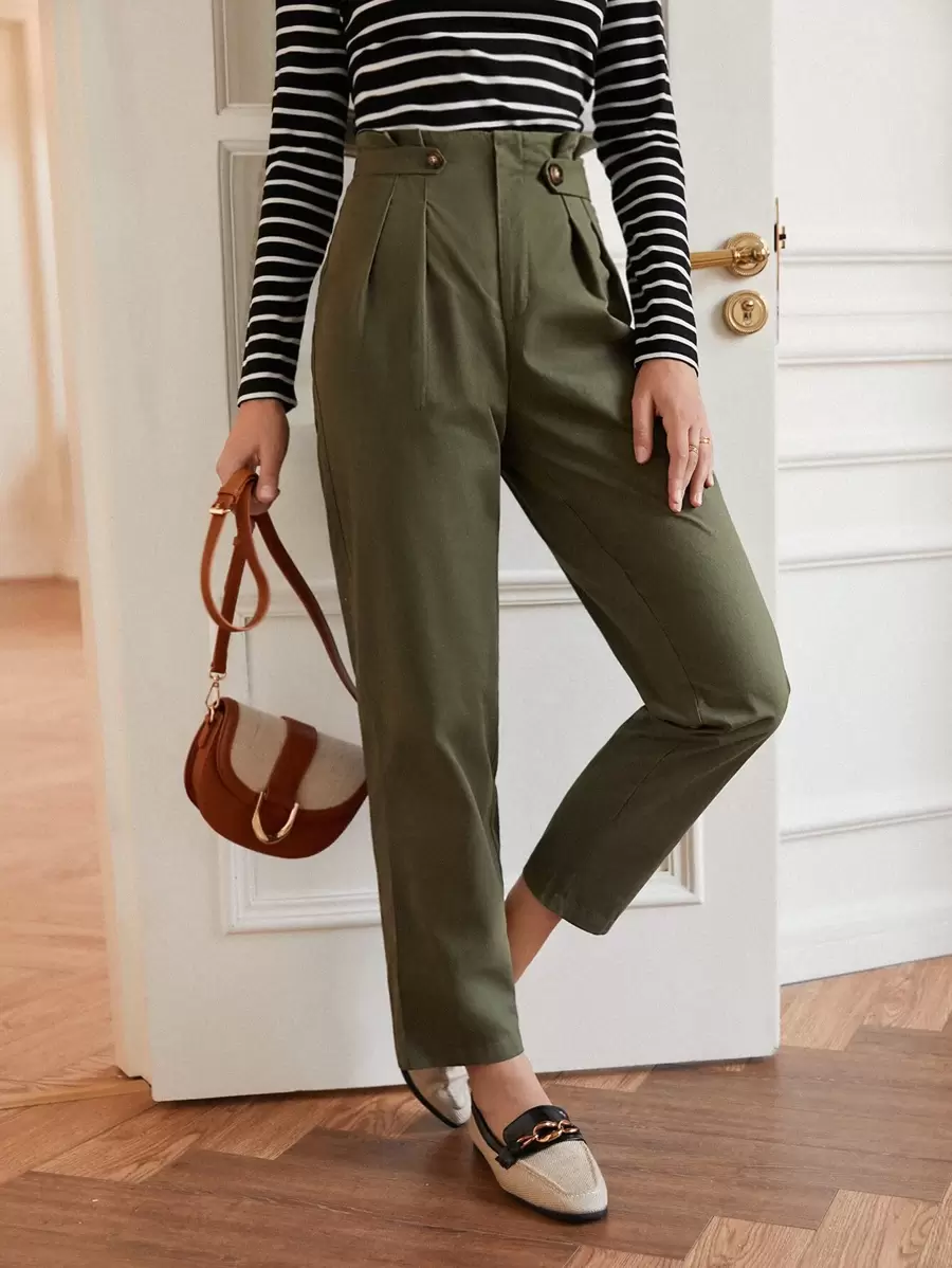 SHEIN Frenchy Quần nữ Nút Dây kéo Quần paper-bag màu trơn Thanh lịch - xanh quân đội - Xem 1