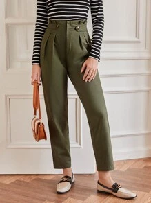 SHEIN Frenchy Quần nữ Nút Dây kéo Quần paper-bag màu trơn Thanh lịch - xanh quân đội - Xem 2