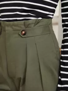 SHEIN Frenchy Quần nữ Nút Dây kéo Quần paper-bag màu trơn Thanh lịch - xanh quân đội - Xem 3