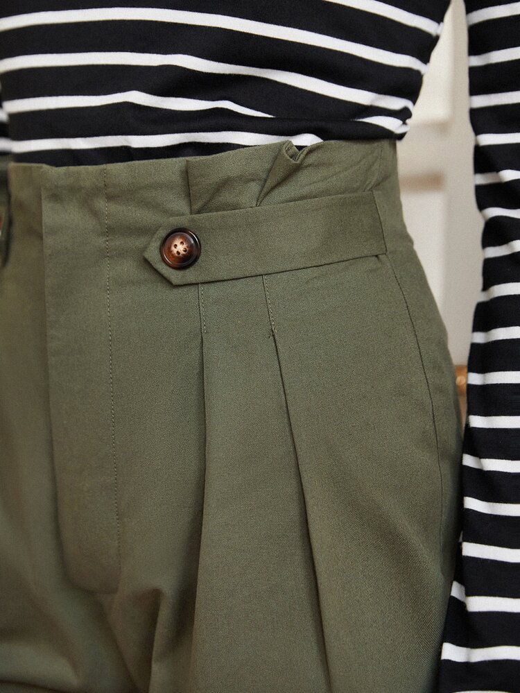 SHEIN Frenchy 高腰拼接細節長褲 - 軍綠色 - 查看 3