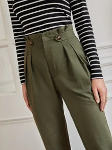 SHEIN Frenchy Quần nữ Nút Dây kéo Quần paper-bag màu trơn Thanh lịch - xanh quân đội - Xem 4