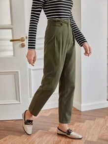 SHEIN Frenchy Quần nữ Nút Dây kéo Quần paper-bag màu trơn Thanh lịch - xanh quân đội - Xem 5