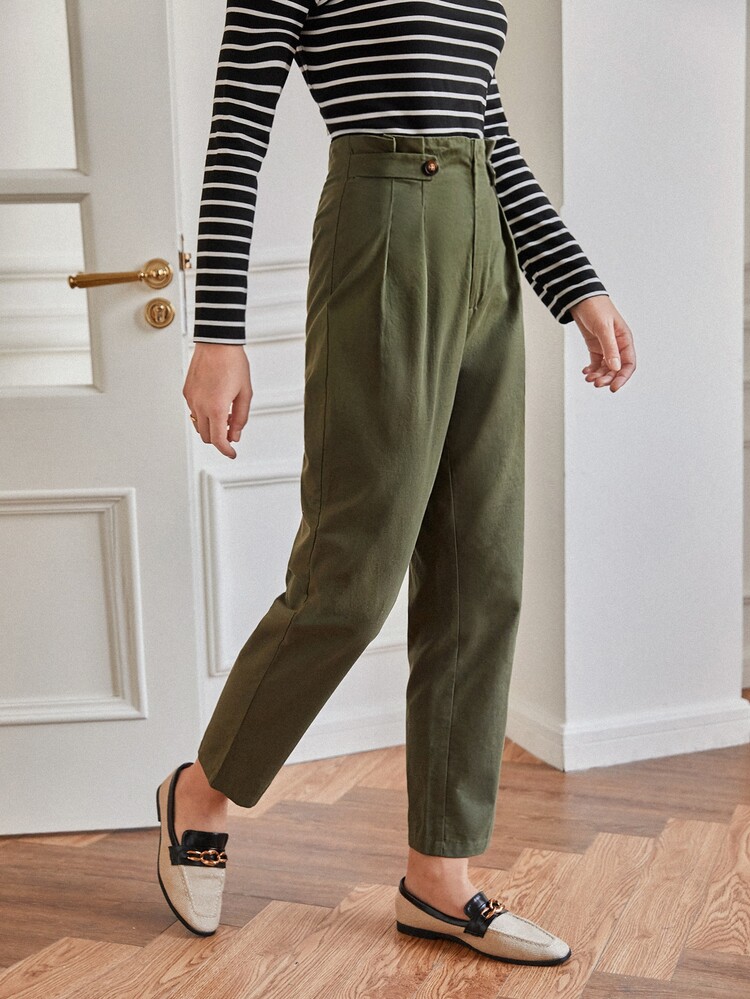 SHEIN Frenchy 高腰拼接細節長褲 - 軍綠色 - 查看 5