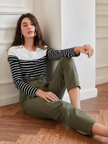 SHEIN Frenchy Quần nữ Nút Dây kéo Quần paper-bag màu trơn Thanh lịch - xanh quân đội - Xem 6