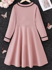 Tween Girl Contrast Tape Bow Front Dress - Pink - View 2