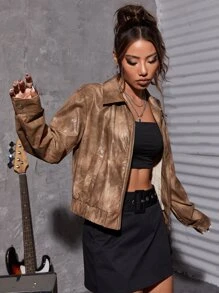 SHEIN Coolane Zip Up PU Jacket - Brown - View 4