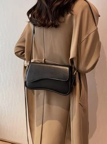 Bolso Cuadrado Con Solapa Minimalista Old Moeny, Bolso Debajo Del Brazo De Solapa De Color Sólido Simple, Bolso De Piel Sintética Texturizada Y Versátil De Moda