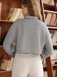 SHEIN MOD Solid Polo Neck Crop Sweatshirt - Light Grey - View 7