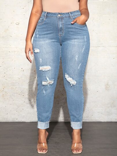 Plus Ripped Slant Pocket Skinny Jeans