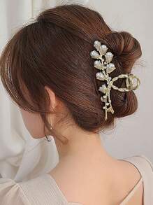 水鑽裝飾花朵設計髮爪 - 白色 - 查看 1