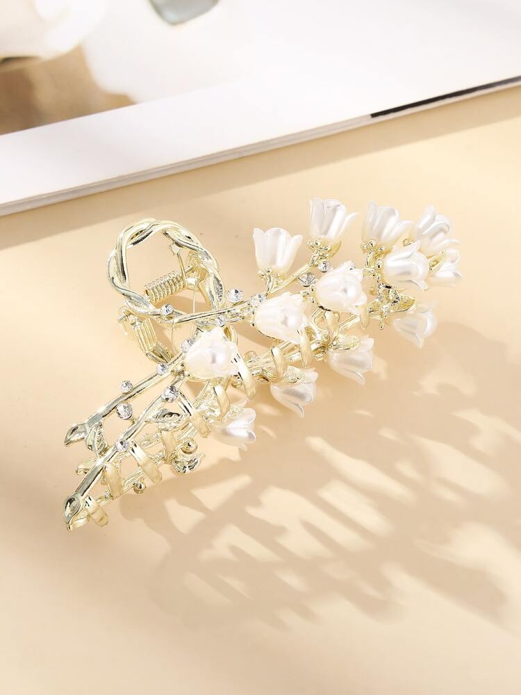 水鑽裝飾花朵設計髮爪 - 白色 - 查看 2