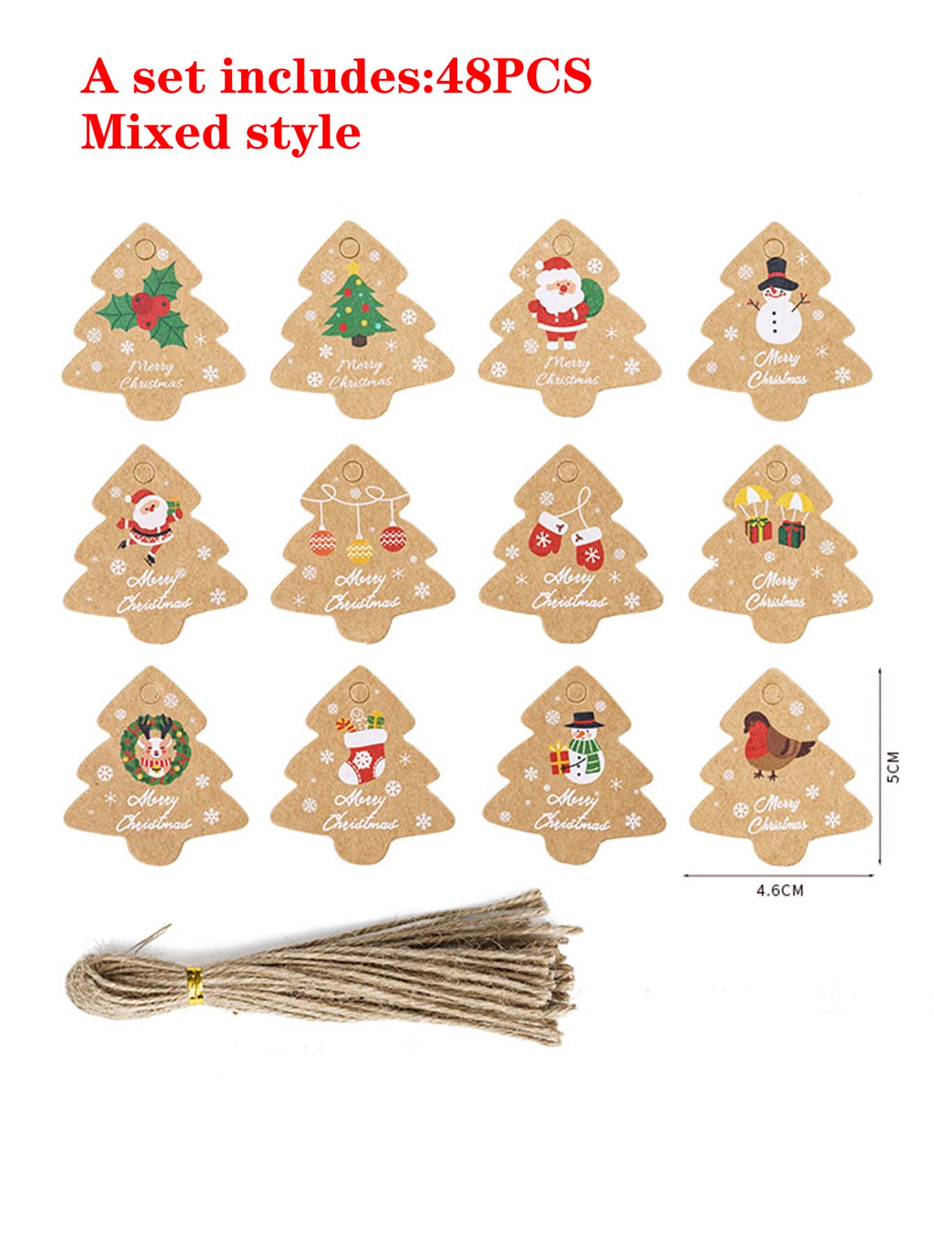48pcs Christmas Snowman Pattern Gift Wrapping Tag With Hemp Rope
