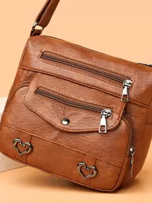 复古心形装饰斜挎包，复古多口袋单肩包，女士人造皮革钱包，母亲节送给妈妈的礼物 - 棕色 - 查看 1