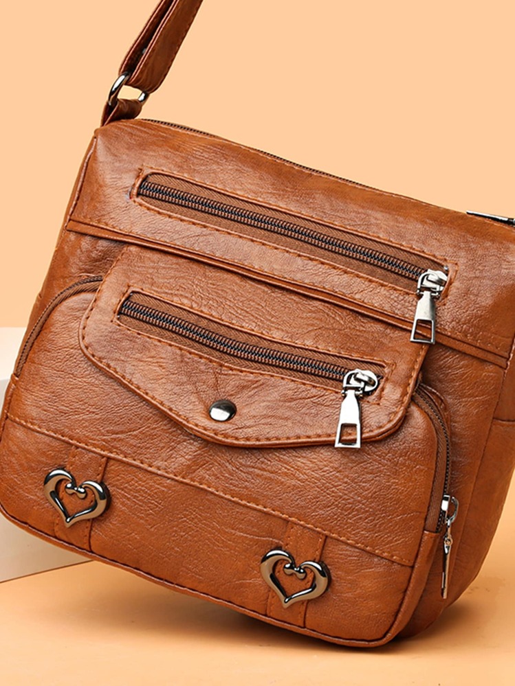 复古心形装饰斜挎包，复古多口袋单肩包，女士人造皮革钱包，母亲节送给妈妈的礼物 - 棕色 - 查看 1