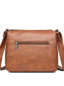 复古心形装饰斜挎包，复古多口袋单肩包，女士人造皮革钱包，母亲节送给妈妈的礼物 - 棕色 - 查看 2