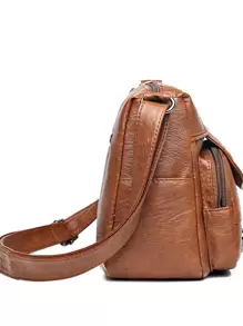 复古心形装饰斜挎包，复古多口袋单肩包，女士人造皮革钱包，母亲节送给妈妈的礼物 - 棕色 - 查看 4