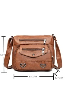 复古心形装饰斜挎包，复古多口袋单肩包，女士人造皮革钱包，母亲节送给妈妈的礼物 - 棕色 - 查看 5