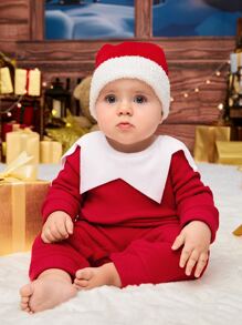 SHEIN Baby Christmas Two Tone Chevron Ruffle Fleece Jumpsuit - Red and White - View 3