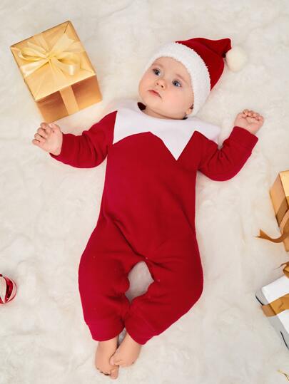 SHEIN Baby Christmas Two Tone Chevron Ruffle Fleece Jumpsuit